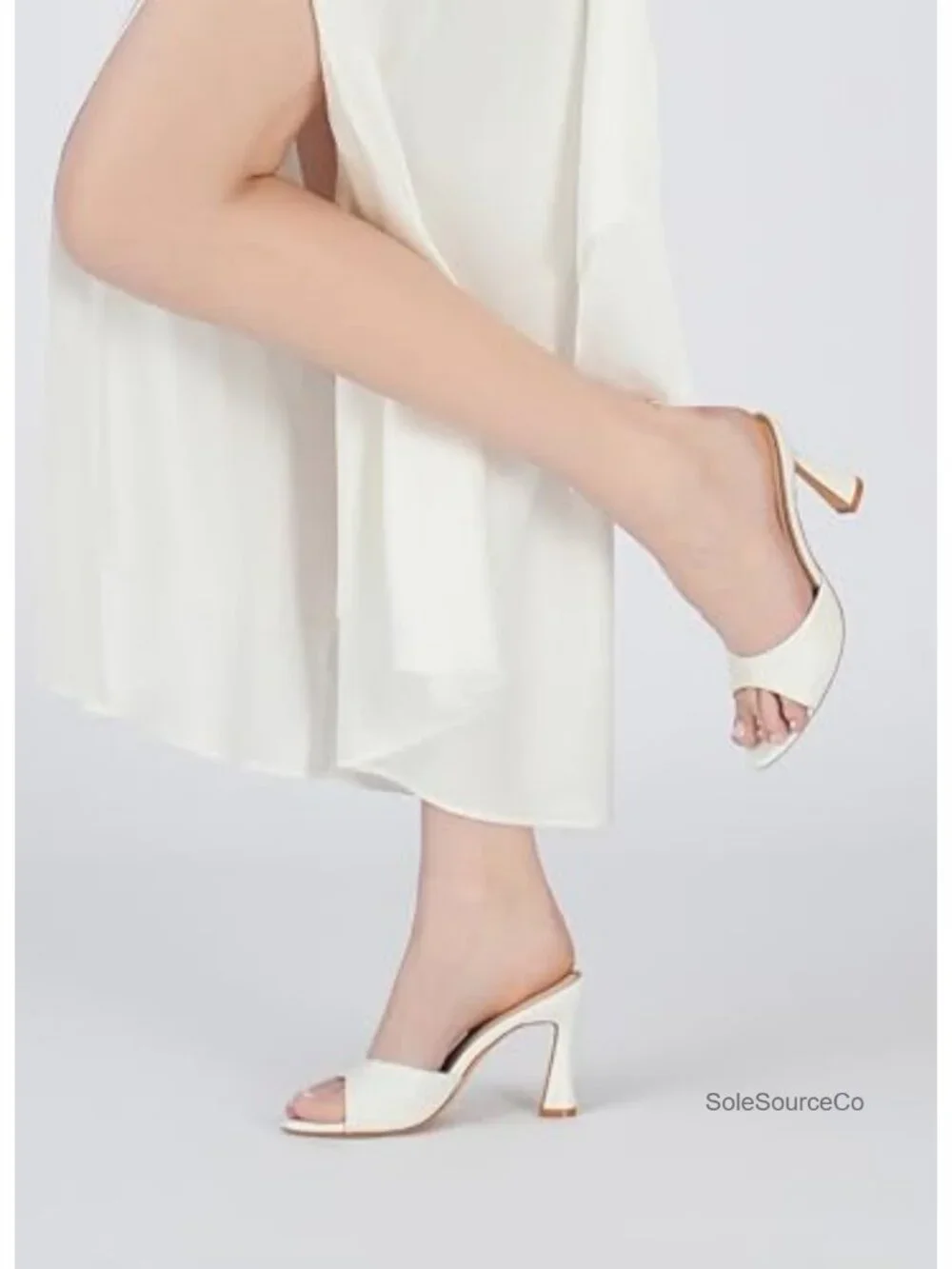 Chunky Block Mule High Heels Patent Faux Leather Open Pointed Peep Toe Slip On